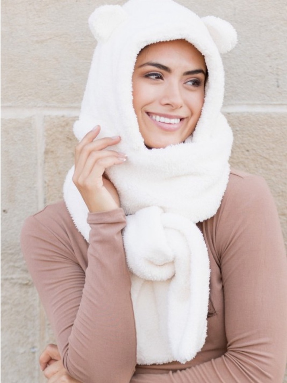 Cozy Cream Teddy Hooded Scarf - Women's Winter Accessory